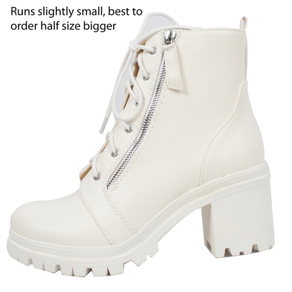 White Lace Up Combat Block Heel Ankle Bootie - Picture 2 of 5